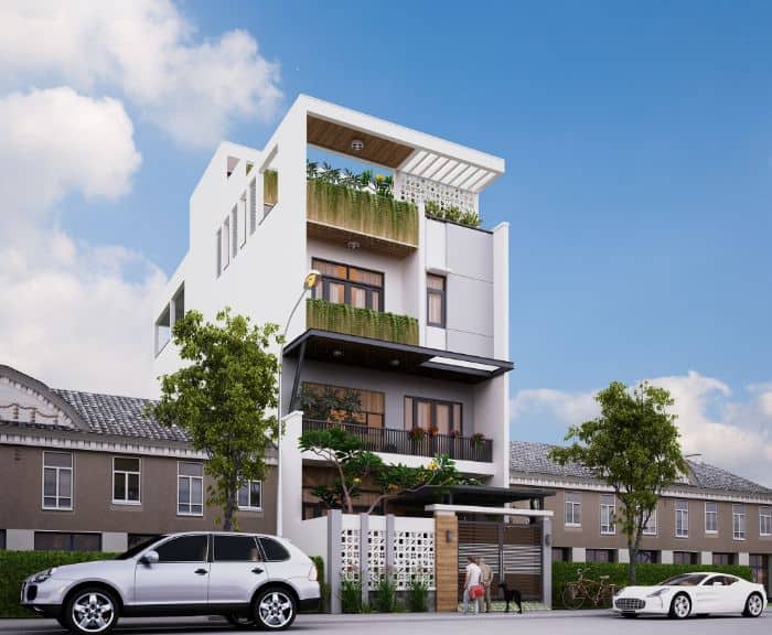 Nhà phố này có 3 tầng, 1 tum với lam che mát cho sân thượng